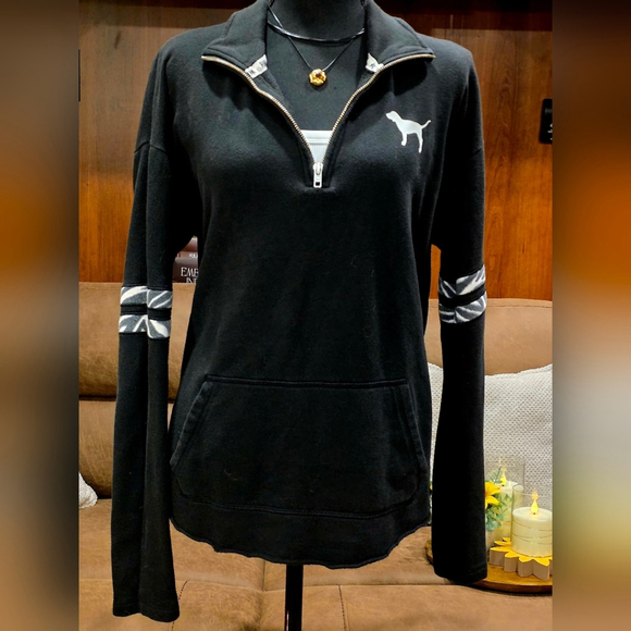 PINK Victoria's Secret Tops - PINK Black Quarter Zip Women's Sweatshirt Dog Logo